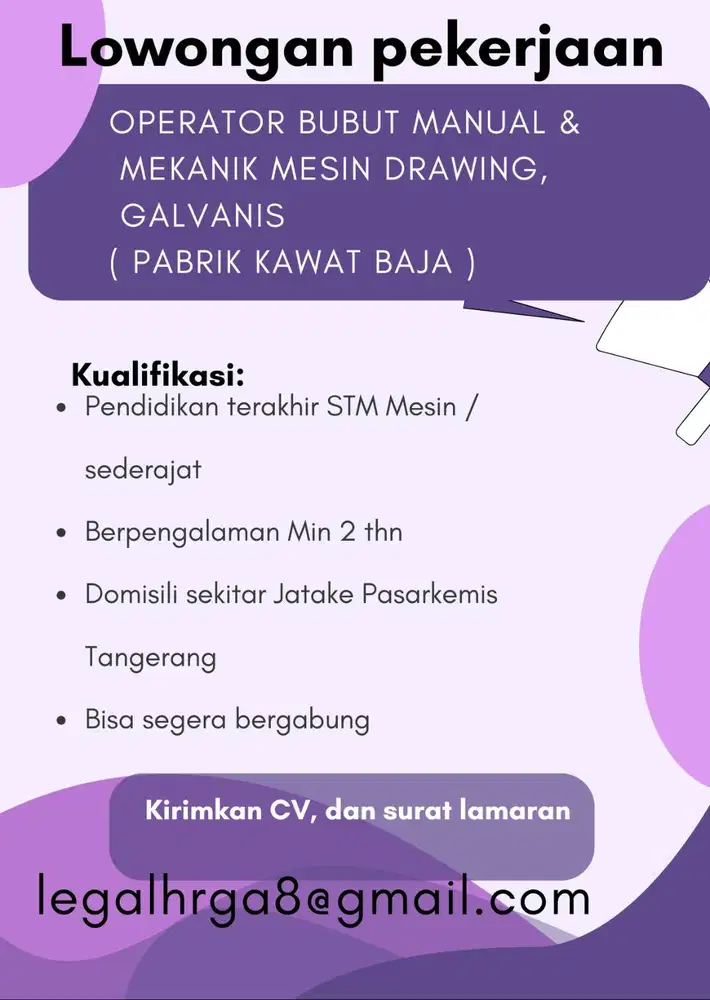 LOWONGAN KERJA OPERATOR BUBUT & MEKANIK MESIN ( pabrik kawat baja )