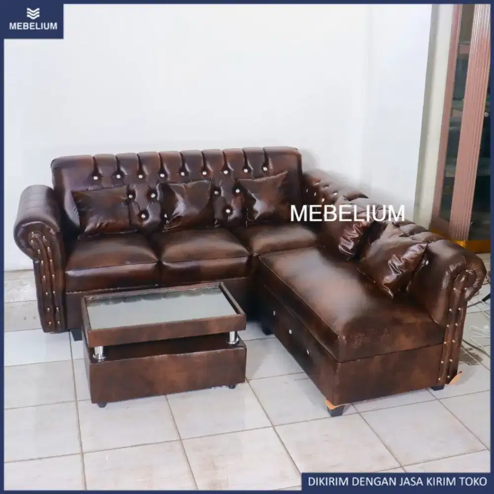 Sofa tamu model L kancing full kulit