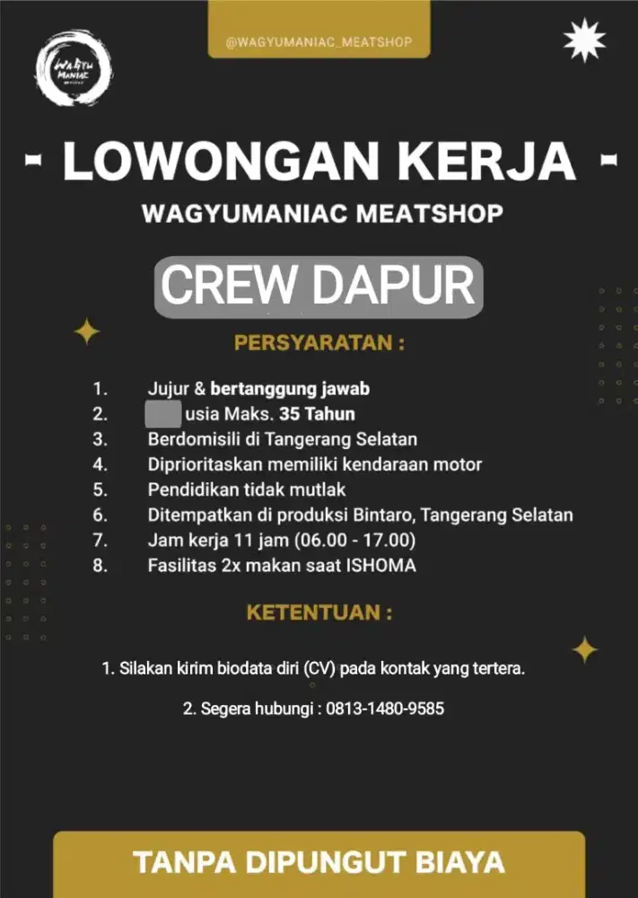 DIBUTUHKAN CREW DAPUR