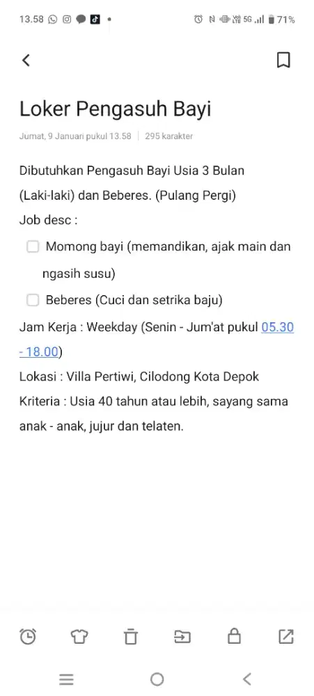 Lowongan Penjaga Bayi Pulang Pergi