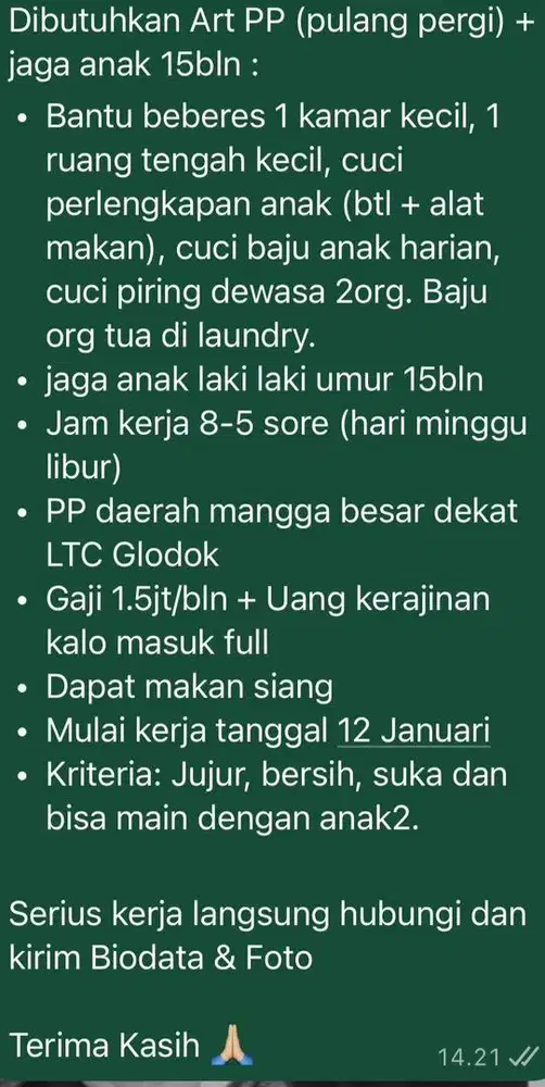 Dibutuhkan Art PP (pulang pergi) + jaga anak 15bln