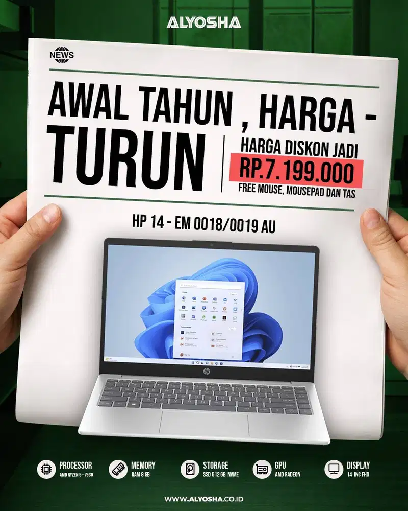 Promo Laptop Grafis HP em0018/19AU AMD Ryzen 5 7530 ram 8GB SSD 512