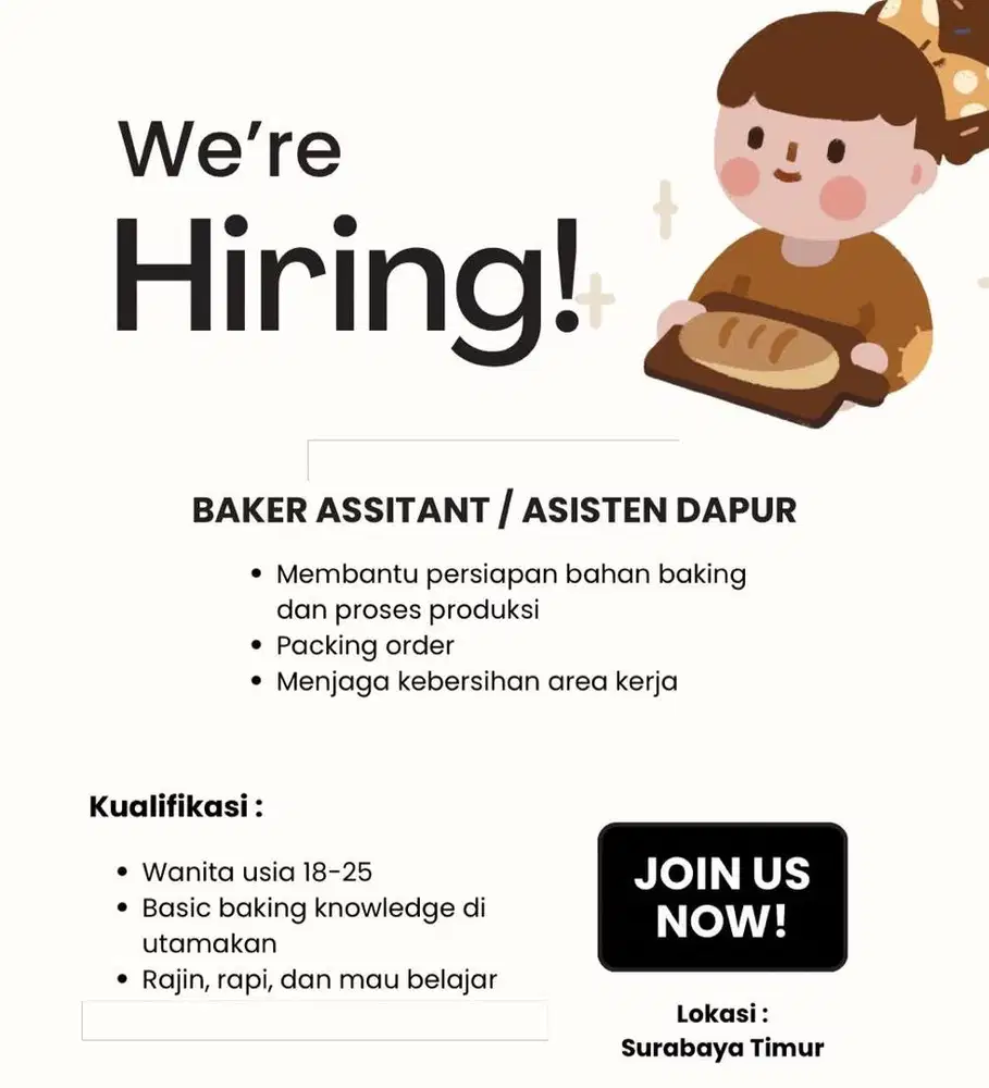 DIBUTUHKAN SEGERA BAKER ASISTANT/ ASISTEN DAPUR
