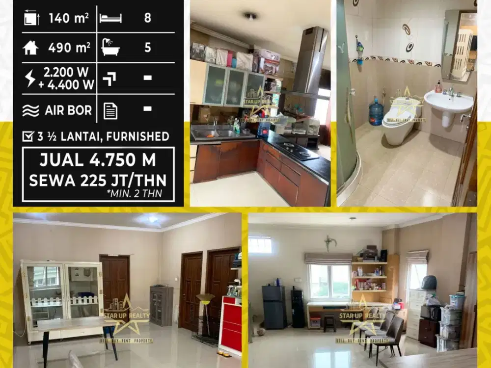 225 jt Disewakan Full Furnished Ruko Ahmad Yani Kosambi / Dijual 4,75 M bangunan 3,5 lantai lt 140 lb 490 kt 8 km 5