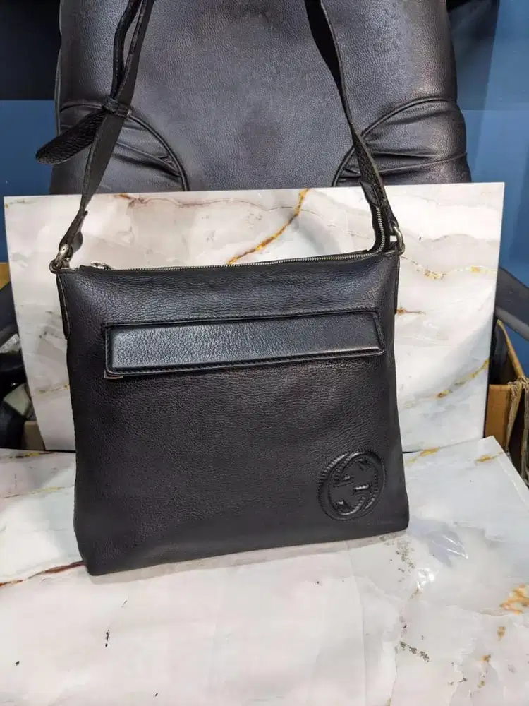 GUCCI Interlocking G 322059 Black Leather Shoulder Bag ORIGINAL