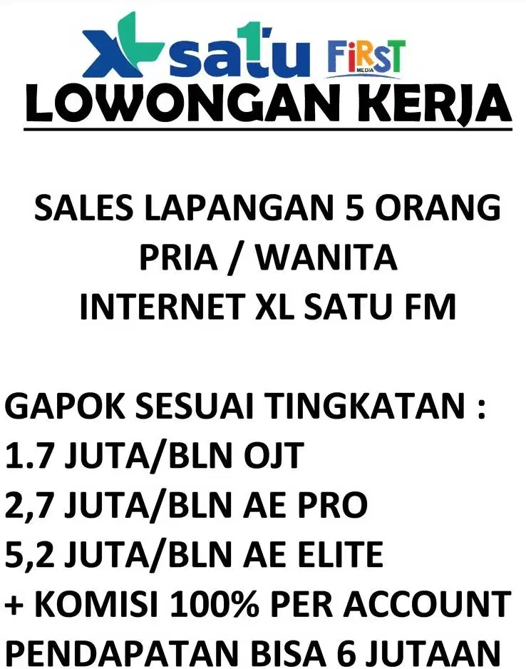 LANGSUNG KERJA SALES INTERNET XL SATU 5 ORANG LAGI