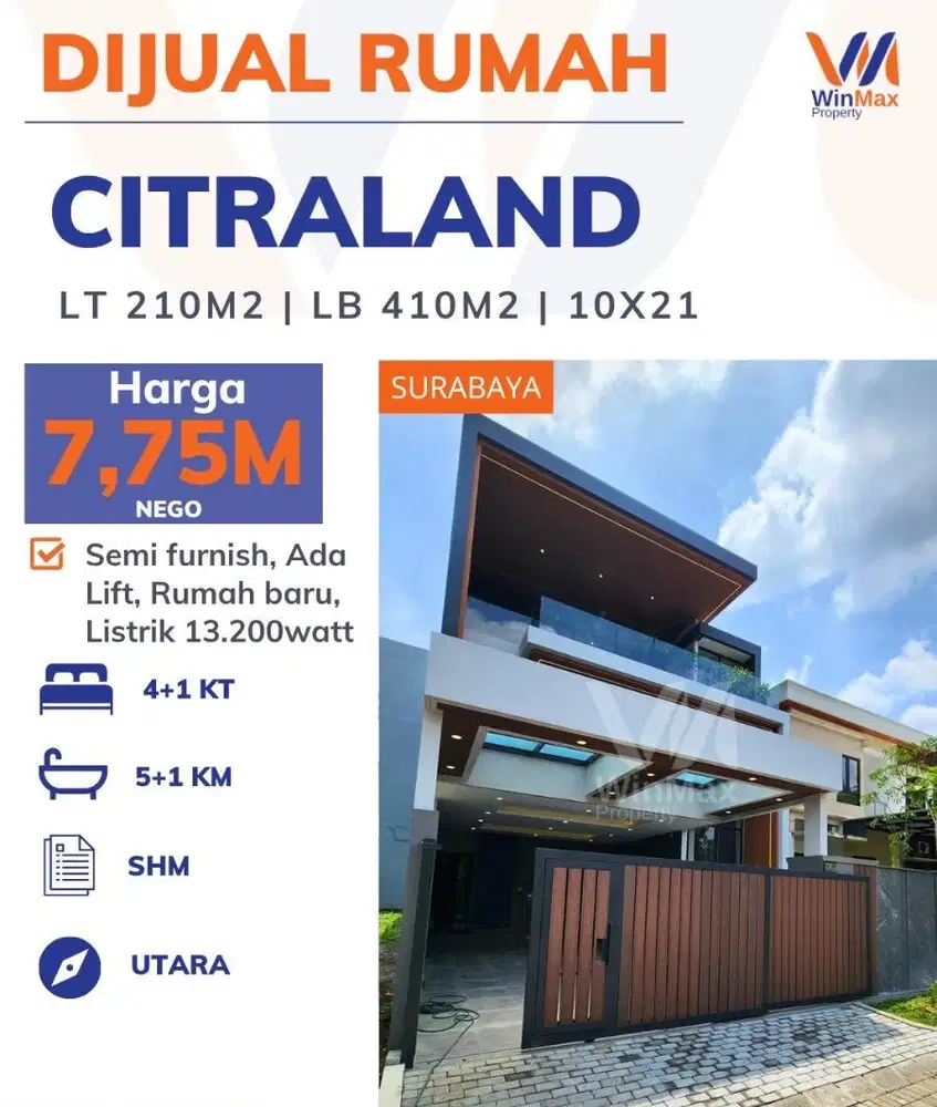 Dijual rumah 3 lantai privat lift, semi furnished, woodland citraland