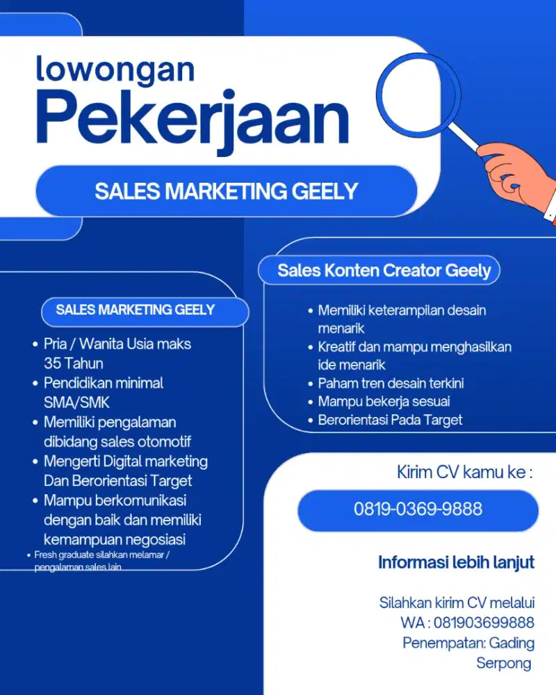 Lowongan kerja Sales Geely Gading Serpong