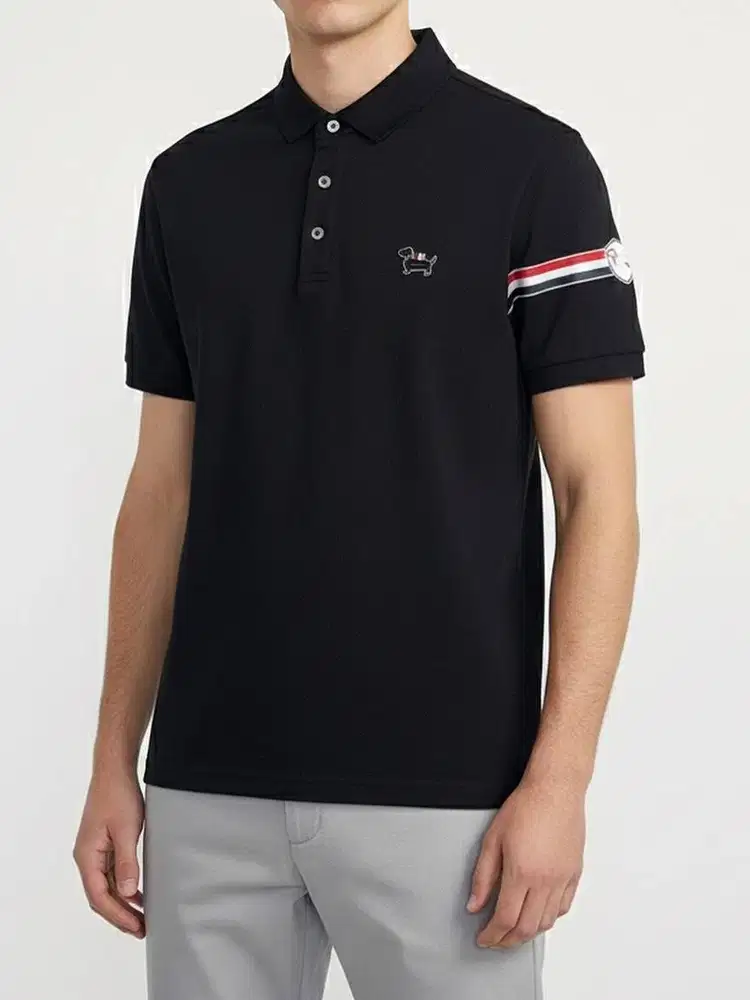 THOM BROWNE BLACK COTTON POLO SHIRT WITH SIGNATURE STRIPED (L)