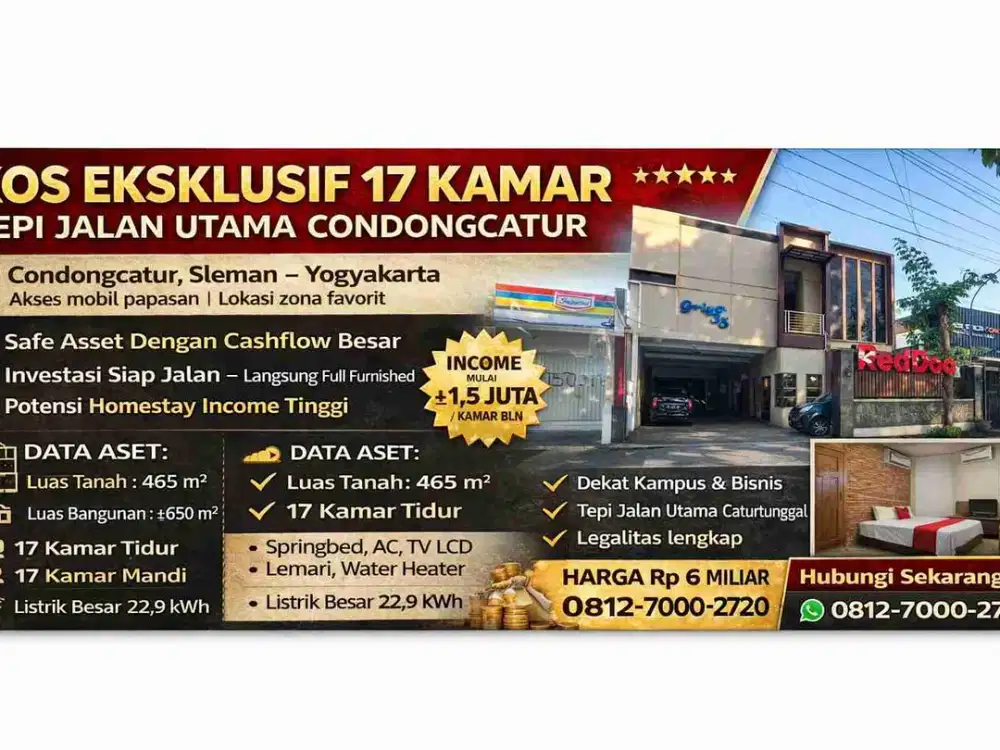 KOS EKSKLUSIF 17 KAMAR TEPI JALAN UTAMA CONDONGCATUR