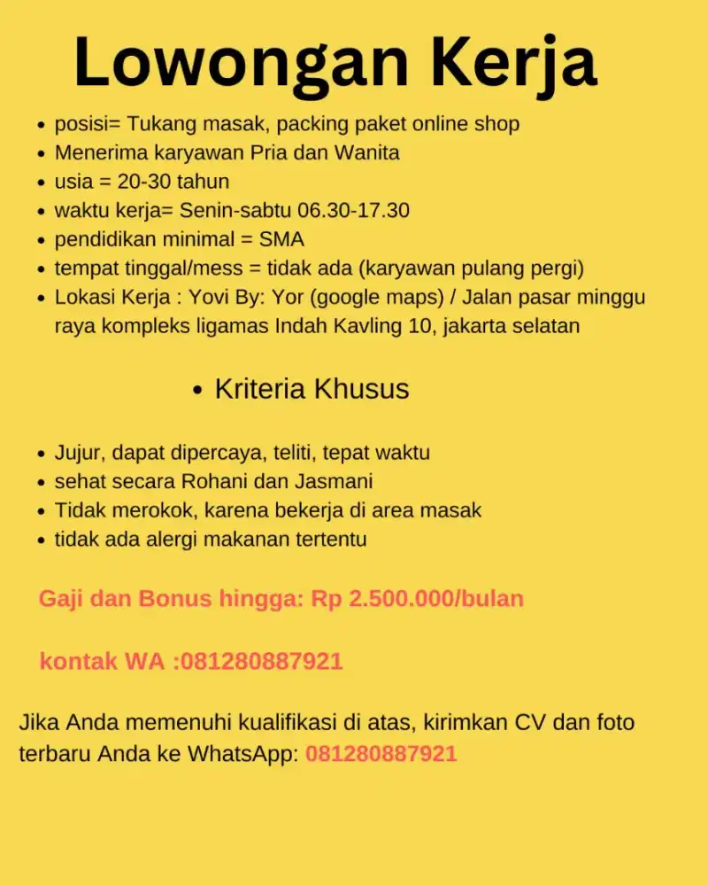 Loker Chef, packing online shop