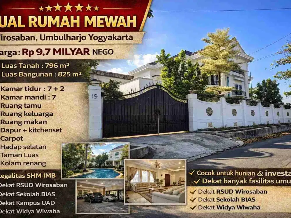 RUMAH MEWAH 2 LANTAI + KOLAM RENANG DI JANTUNG KOTA JOGJA
LT 796 m² | LB 825 m² | COCOK HUNIAN EKSKLUSIF & INVESTASI PREMIUM