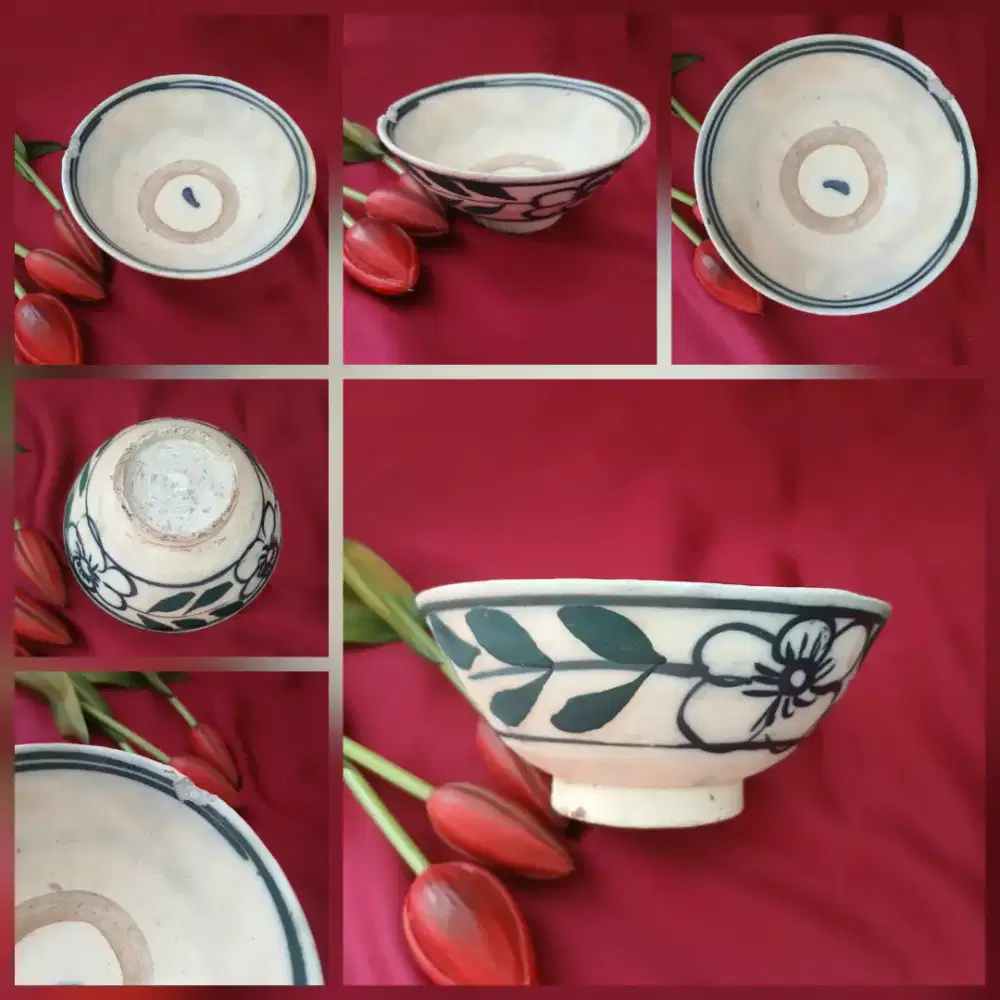 Mangkuk keramik kuno lukisan bunga koleksi antik, lukisan tangan