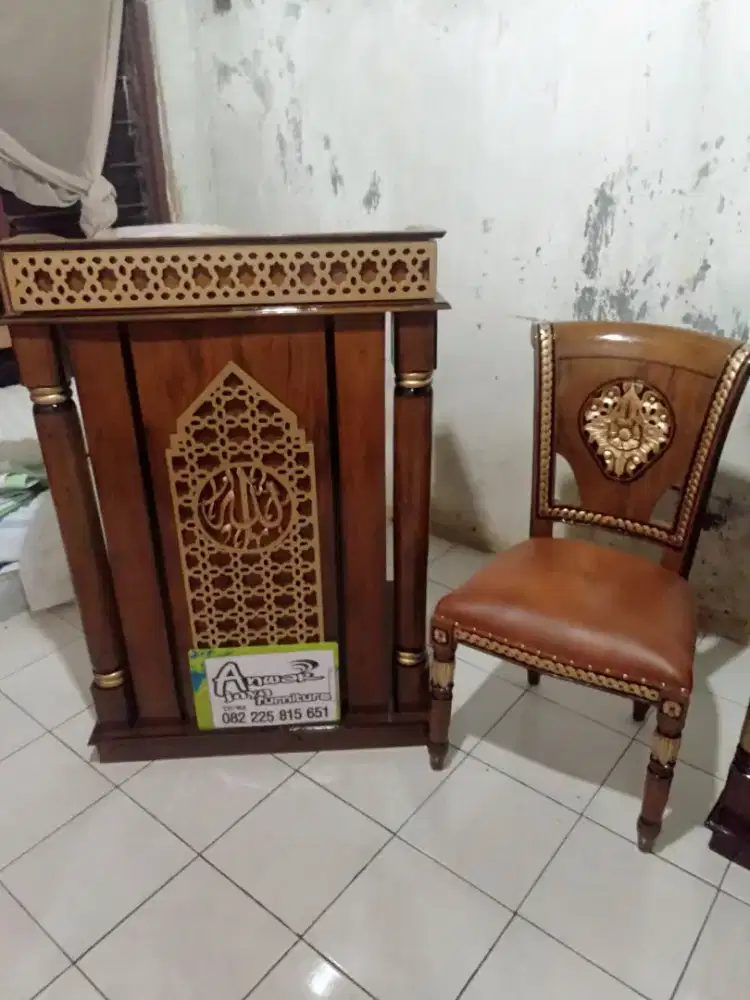 Mimbar masjid podium set kursi full kayu jati