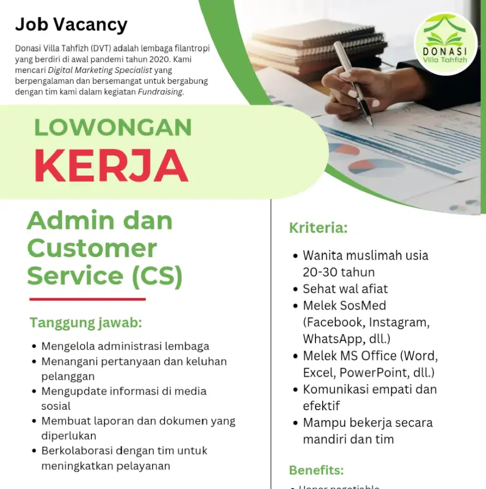 Lowongan kerja Admin, Digital Marketing, Fundraiser, dll