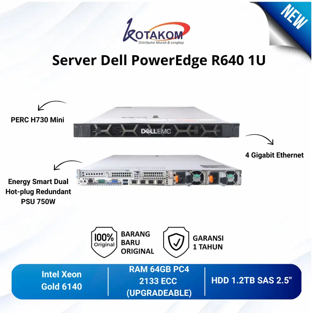 Server Dell PowerEdge R640 1U Intel Xeon Gold 6140 - 64GB DDR4-1.2 TB