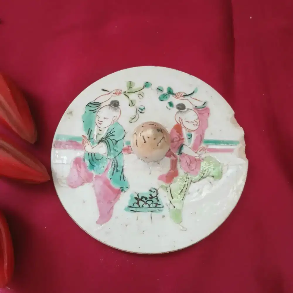 Tutup gelas keramik antik lukisan tangan, pre-owned