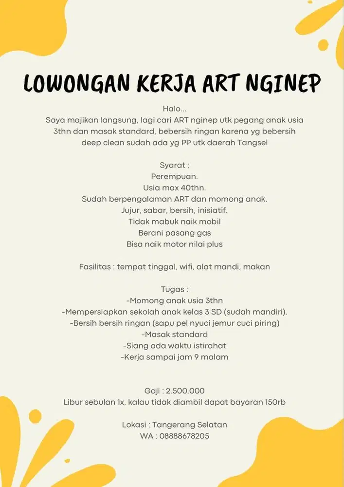 Lowongan kerja ART Nginep momong anak bebersih rumah