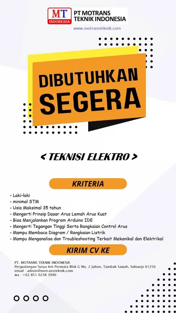 SEGERA!! Dibutuhkan! Teknisi Elektro