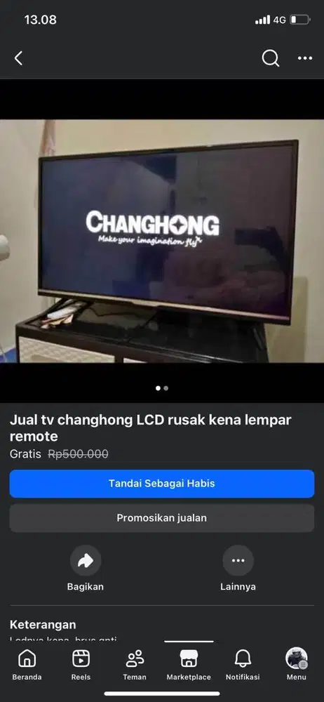 jual tv lcd rusak kena lempar remote anak