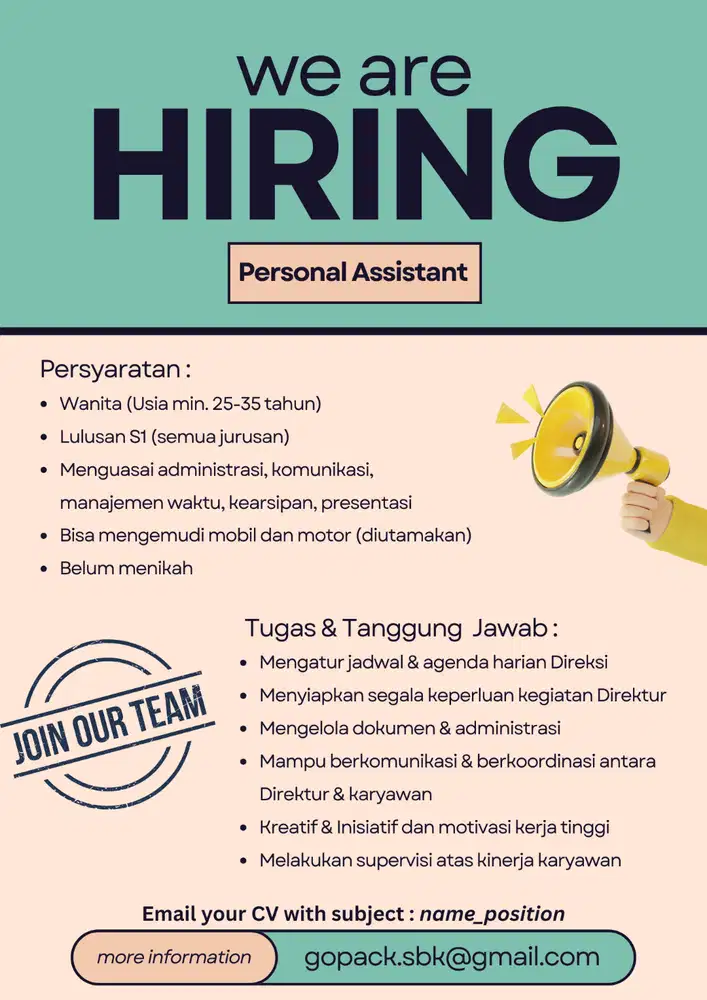 [LOWONGAN KERJA] Dibutuhkan Asisten Pribadi / Personal Assistant