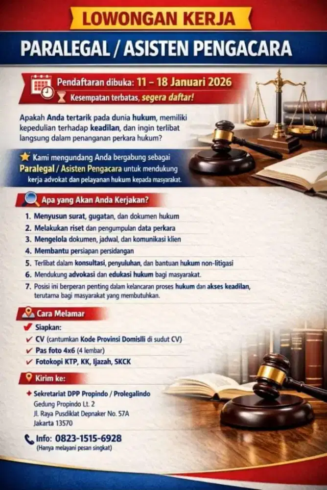 LOWONGAN KERJA PARALEGAL/ ASISTEN PENGACARA