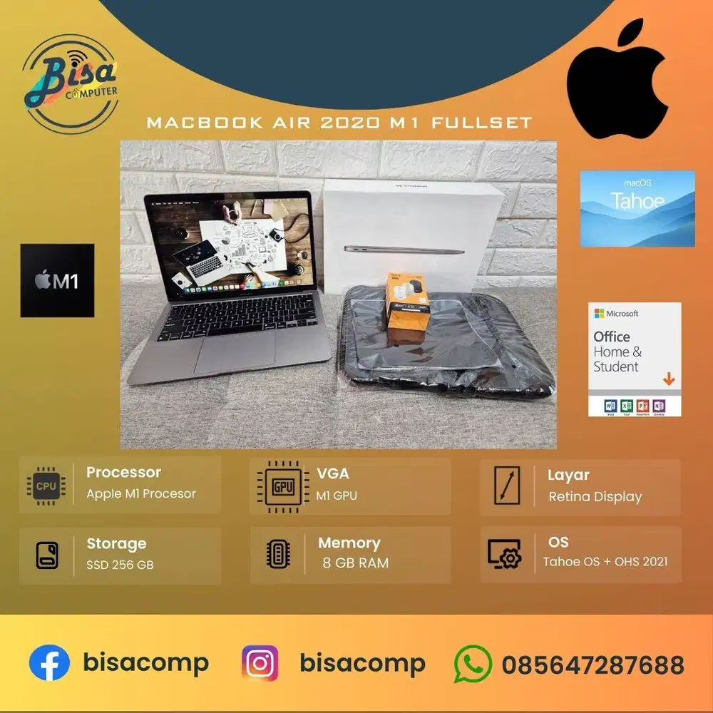 Macbook Air 2020 M1 SSD 256gb Ram 8gb 14inchRetina Fullset Backlit