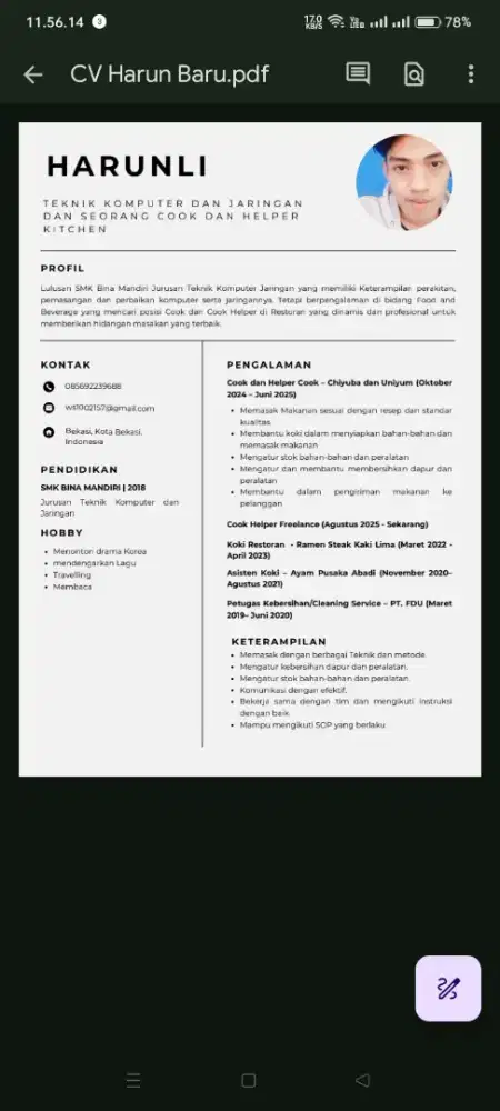 Nyari kerja Pengalaman Cook Helper