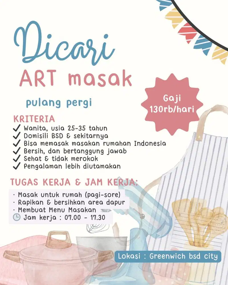 Dicari Art memasak ( Pulang Pergi )
