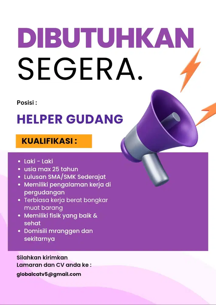 Dibutuhkan helper gudang