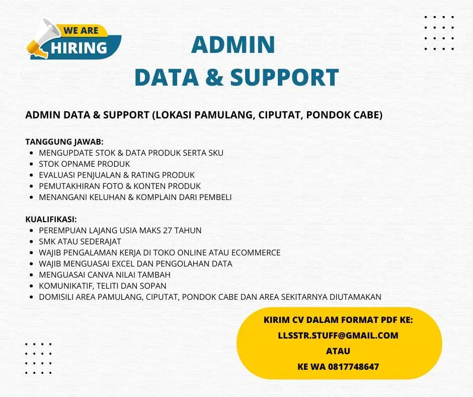 ADMIN DATA & SUPPORT (LOK AREA PAMULANG, CIPUTAT, PD CABE)