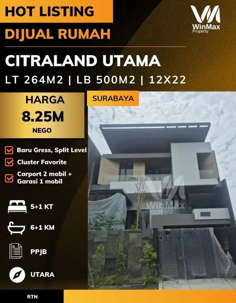 Dijual rumah baru 2,5 lantai citraland utama Surabaya barat