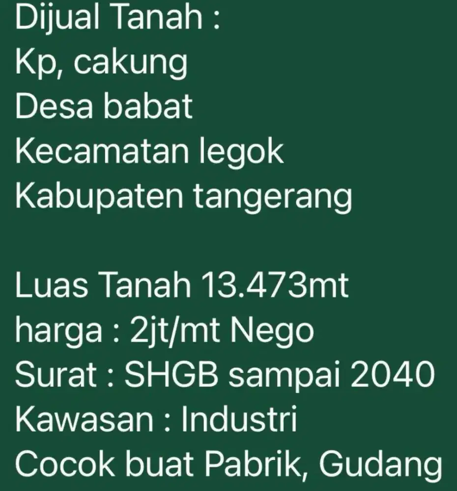 DIJUAL TANAH DI TANGERANG U/PABRIK/GUDANG