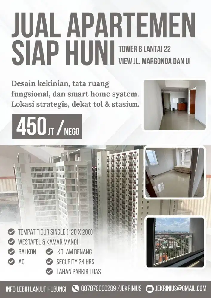 Jual rugi Apartemen  di Universitas Indonesia,  Luas 41 m2 gross