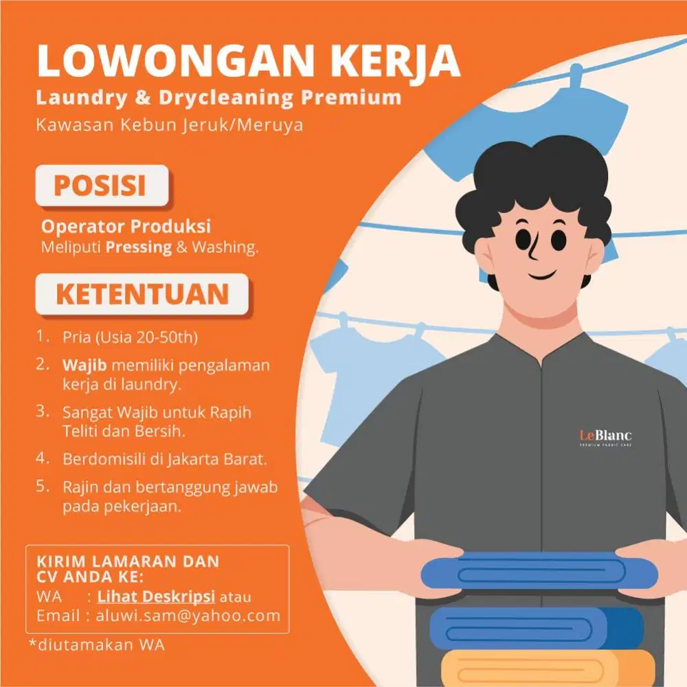 Dicari Presser Laundry Berpengalaman Jakarta Barat Kebon Jeruk