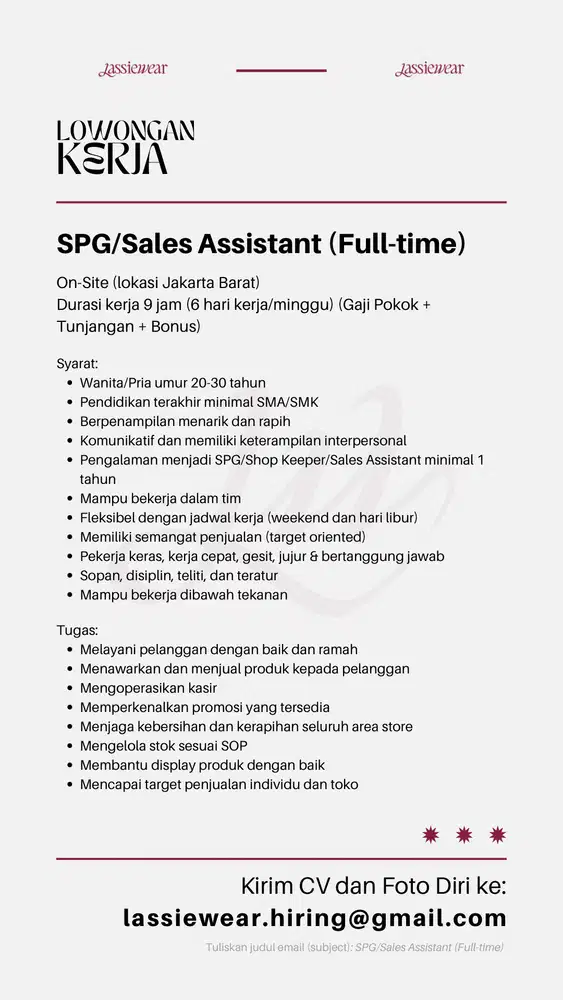 LOWONGAN KERJA SALES ASSISTANT (SPG & SPB) FASHION STORE JAKARTA BARAT