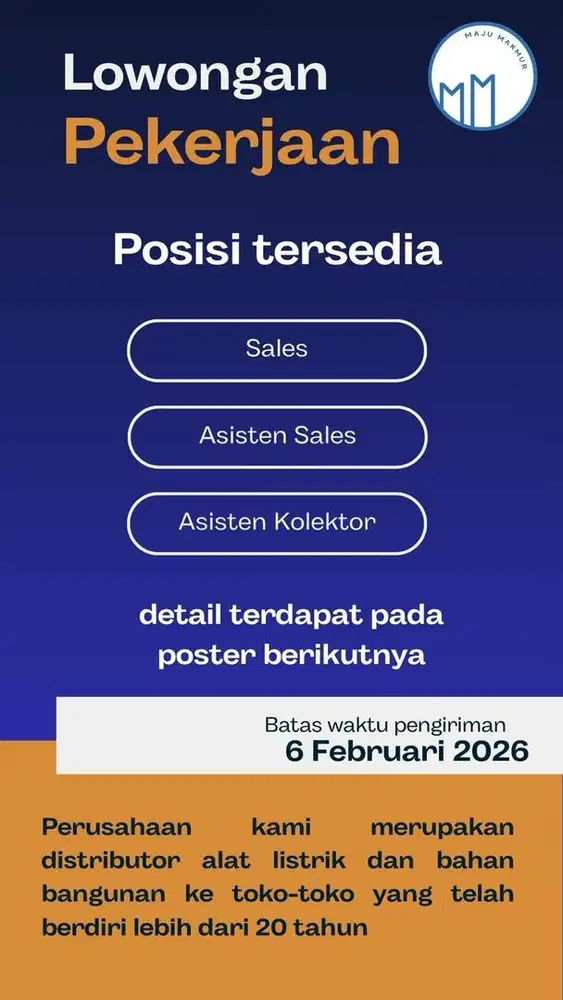 Lowongan Kerja Sales / Asisten Sales / Kolektor