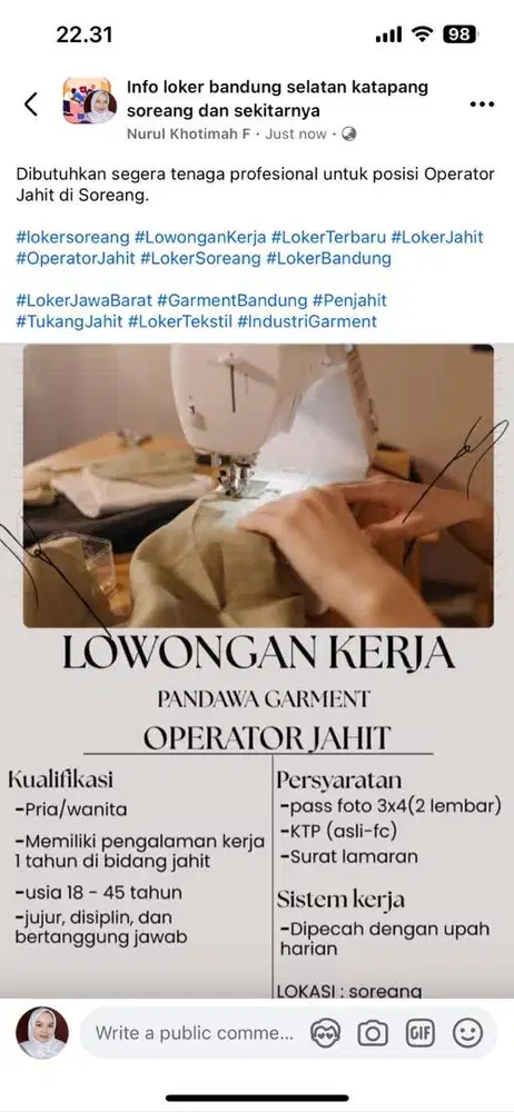 LOWONGAN KERJA OPERATOR JAHIT