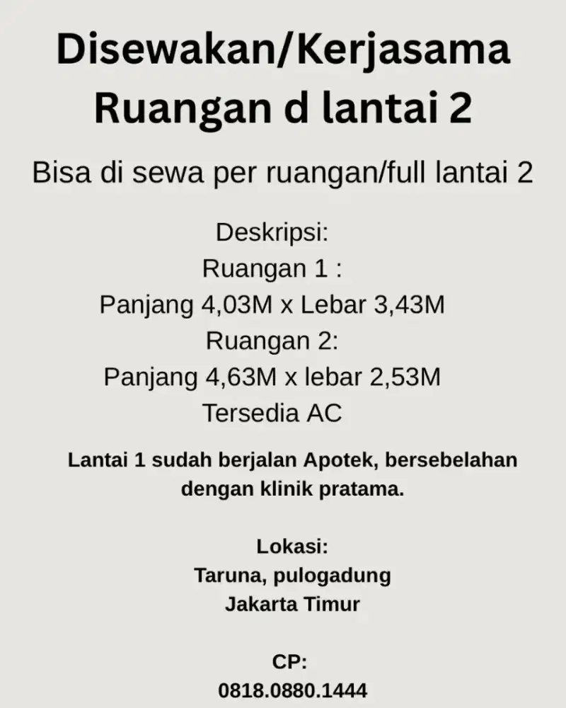 Disewakan/kerjasama ruangan lantai 2