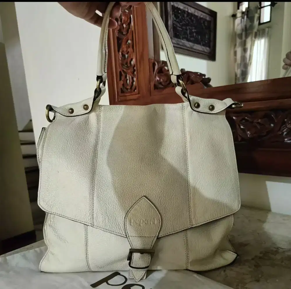 Tas kulit asli, Pepari Leather, warna putih, ada tali panjang
