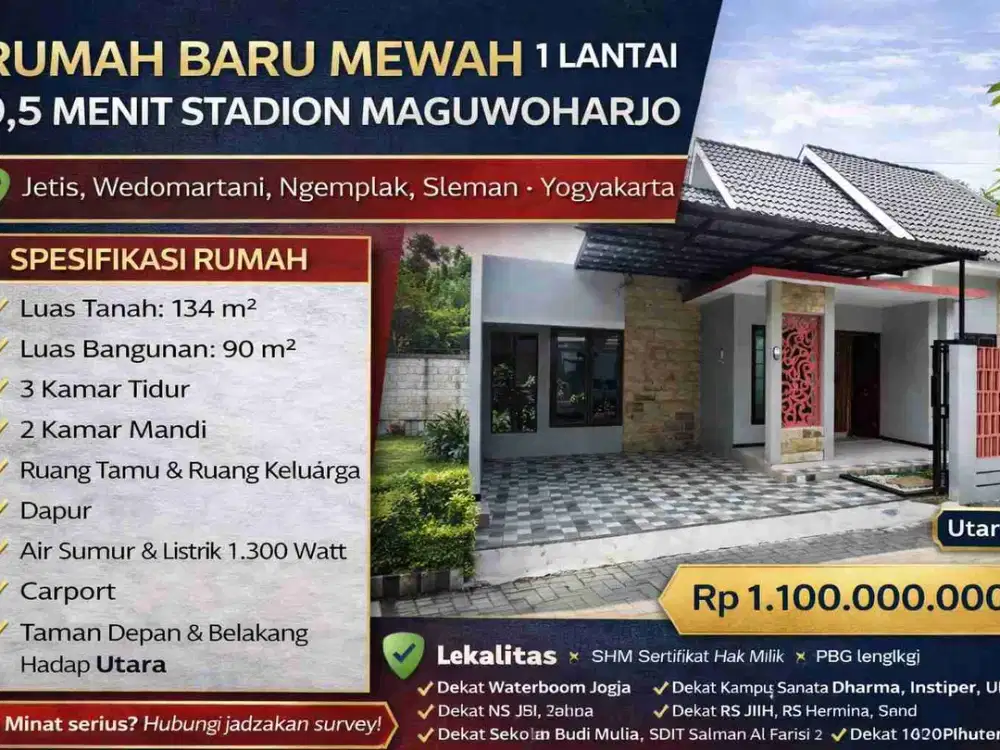 RUMAH BARU MEWAH 1 LANTAI – 0,5 MENIT STADION MAGUWOHARJO
