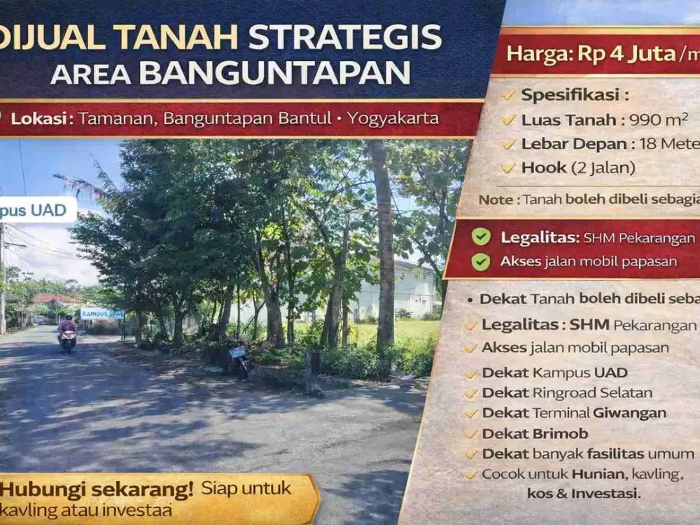 Dijual Tanah Hook 990 m² Banguntapan – Dekat Kampus UAD & Ringroad Selatan