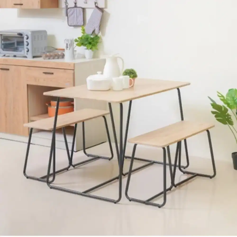 Selma Lyani Set Meja Makan 2 Bangku Wood Grain - Krem