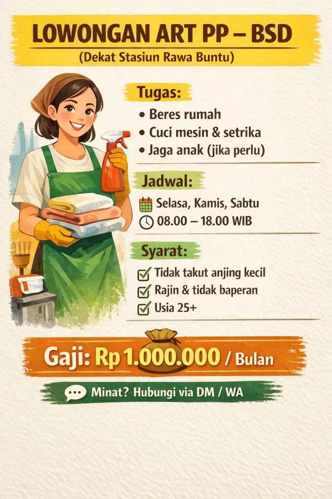 Lowongan ART PP – Area BSD (dekat Stasiun Rawa Buntu)