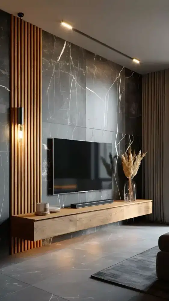 Backdrop TV Minimalis Modern | Panel Marmer & Kayu | Custom