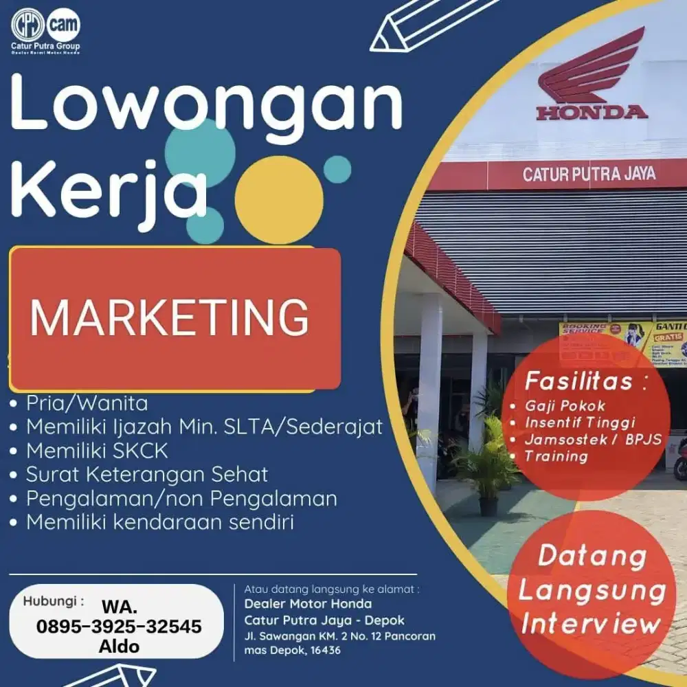 Lowongan Kerja Honda Catur Putra Jaya Depok