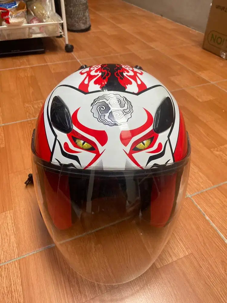 Helm KYT DJ Maru motif Kabuki Cat Matt Gunmetal