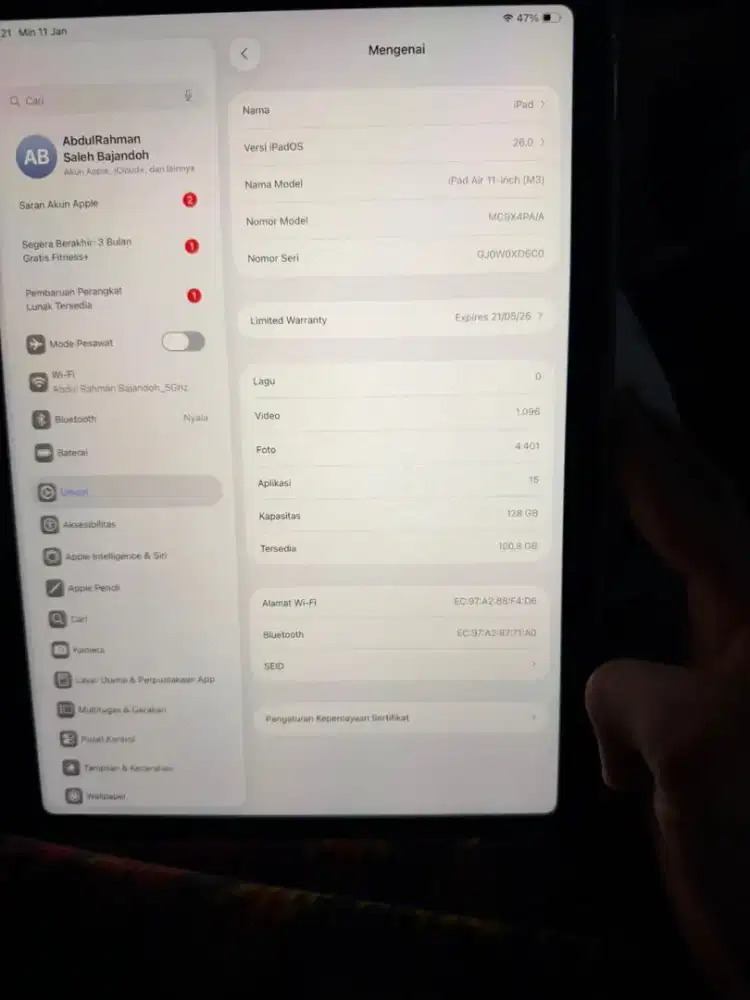 Di jual ipad air 7 m3 garansi ibox 128 gb wifi onlu