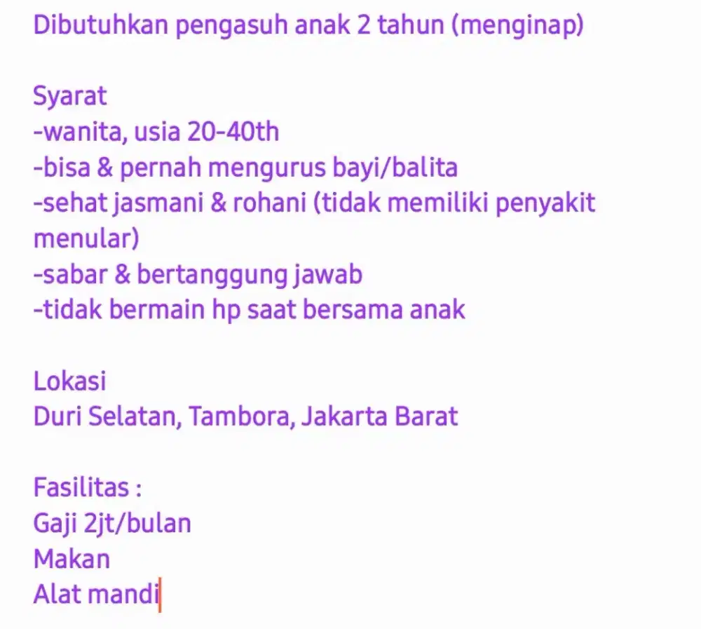 Dibutuhkan Segera Pengasuh Anak 2 Tahun (Menginap)