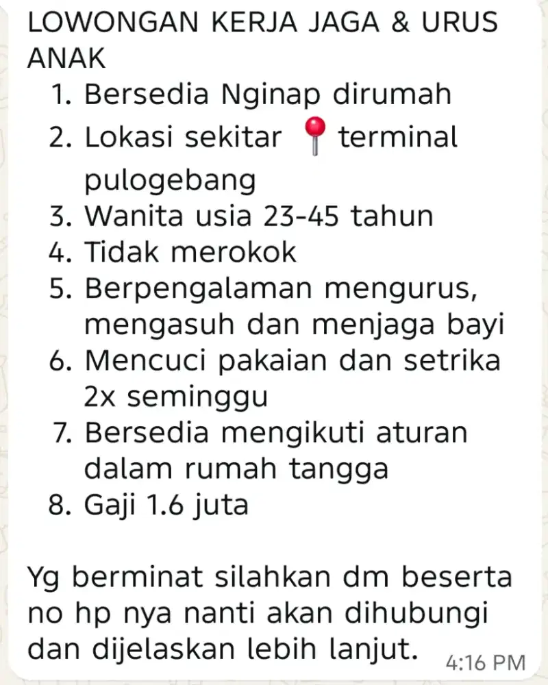 Lowongan kerja Pengasuh Bayi/Momong/Baby Sitter